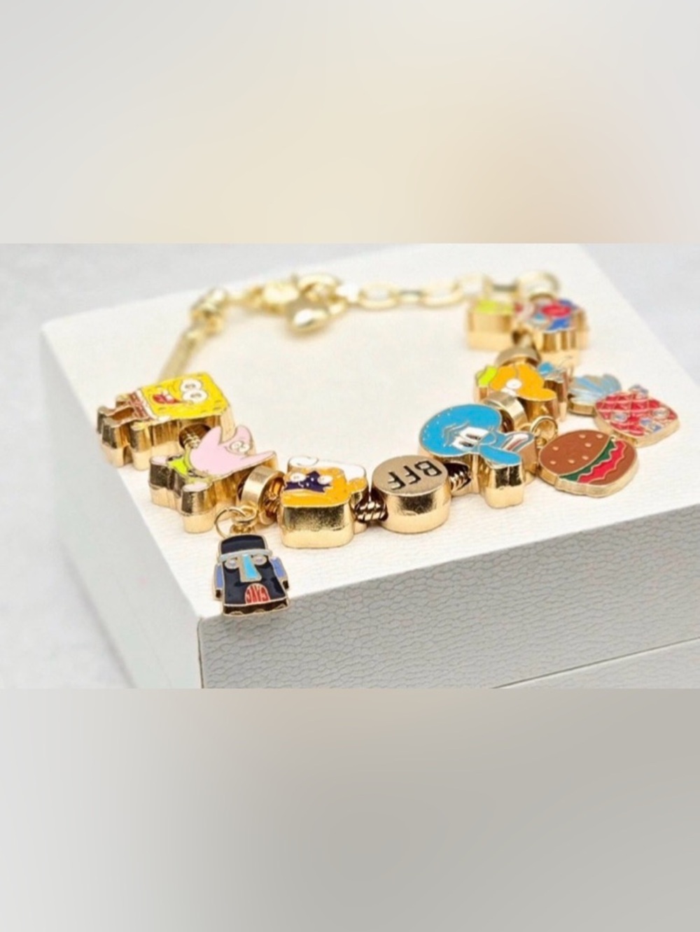 Gold Tone SpongeBob Metal Charm Bracelet with Colorful Charms